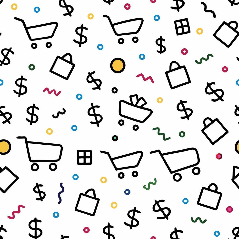 shopping cart and dollar signs seamless pattern white background vector