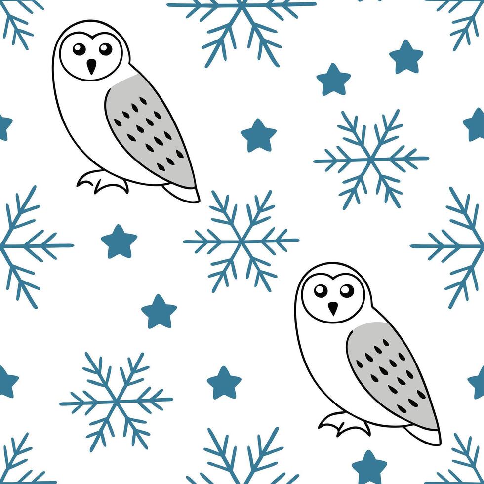 Frosty snowflake and snowy owl seamless tile pattern with winter wildlife elements concept as Snowflakes paired with snowy owls create a seamless tile pattern with winter wildlife Clean vector