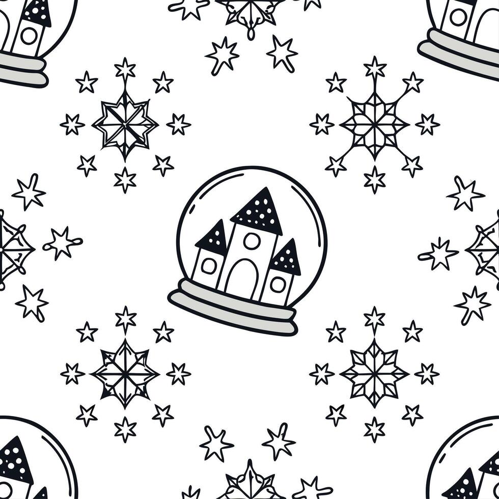 Frosty snowflake and snow globe seamless tile pattern with magical winter elements concept as Magical snow globes paired with frosty snowflakes create a seamless tile pattern with Clean vector