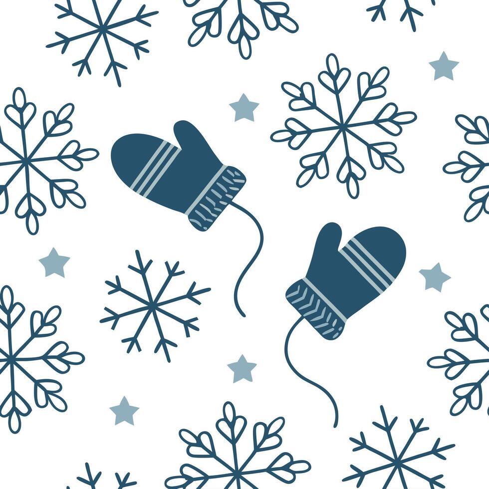 Frosty snowflake and mitten seamless tile pattern with icy accents and cool tones concept as Icy accents on snowflakes paired with cozy mittens create a seamless tile pattern with Clean vector