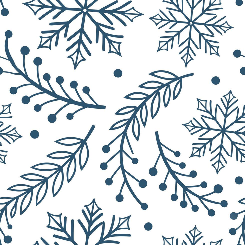 Frosty snowflake and snow covered branch seamless tile pattern with winter elegance concept as Snowflakes paired with snow covered branches create a seamless tile pattern exuding w Clean vector