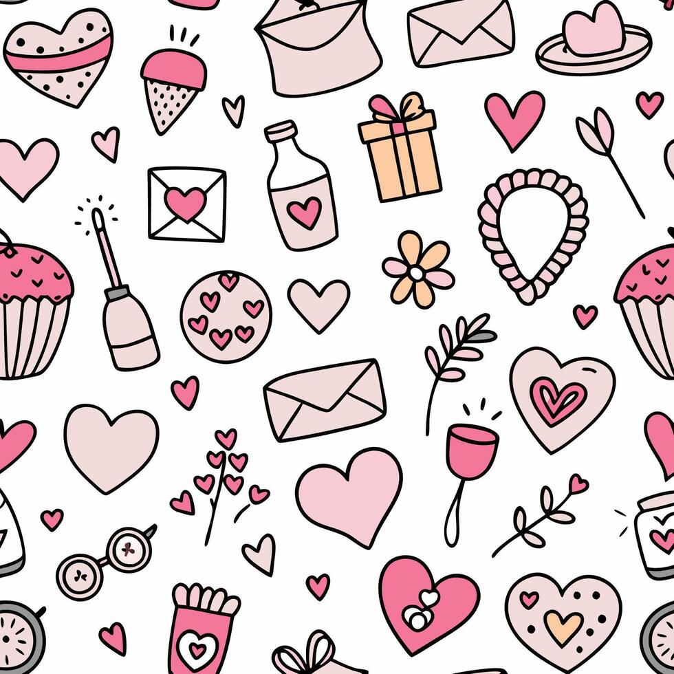 a seamless pattern with hearts and other items white background vector
