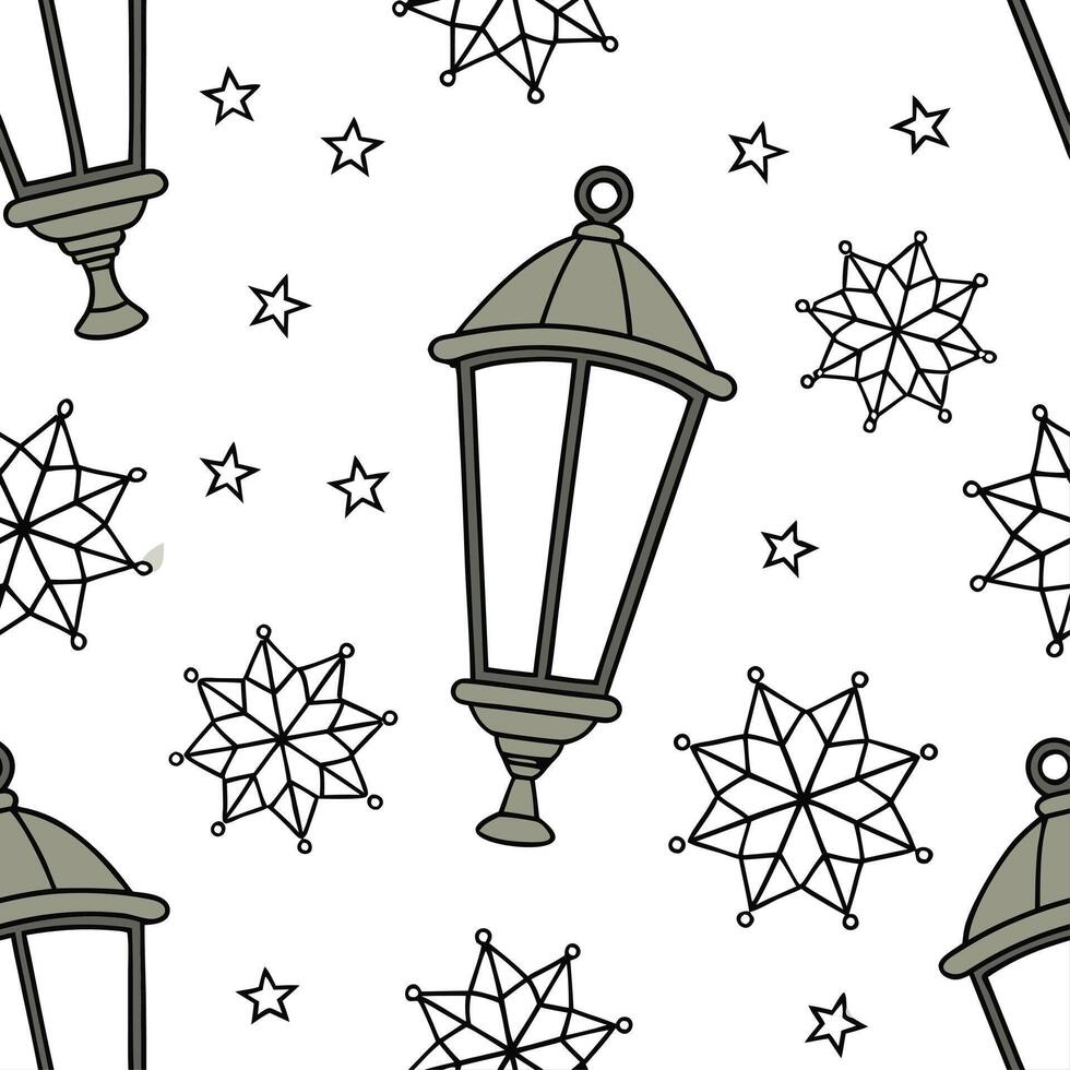 Frosty snowflake and lantern seamless tile pattern with glowing winter elements concept as Glowing winter lanterns paired with frosty snowflakes create a seamless tile pattern with Clean vector