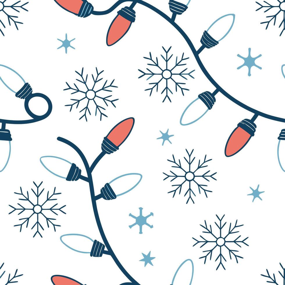 Frosty snowflake and holiday lights seamless tile pattern with sparkling winter accents concept as Sparkling holiday lights paired with frosty snowflakes create a seamless tile pat Clean vector