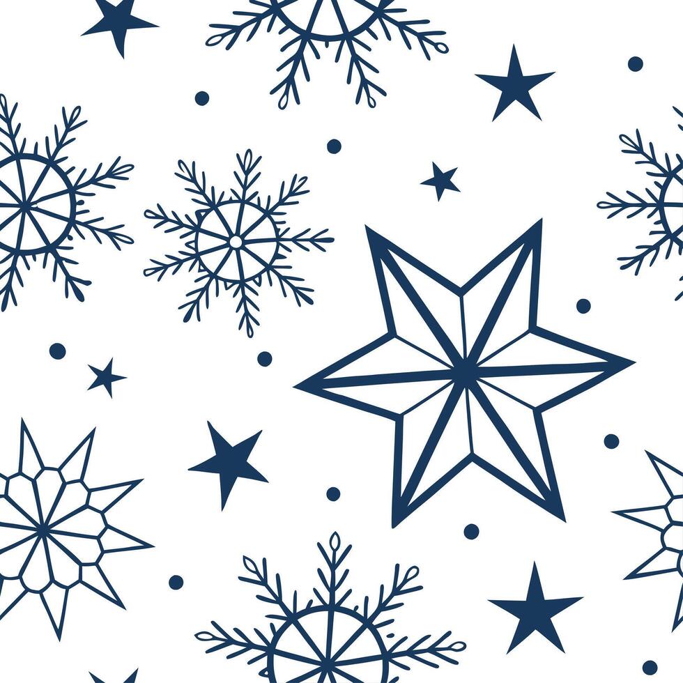 Frosty snowflake and holiday star seamless tile pattern with glowing winter accents concept as Glowing winter stars paired with snowflakes create a frosty seamless tile pattern wit Clean vector
