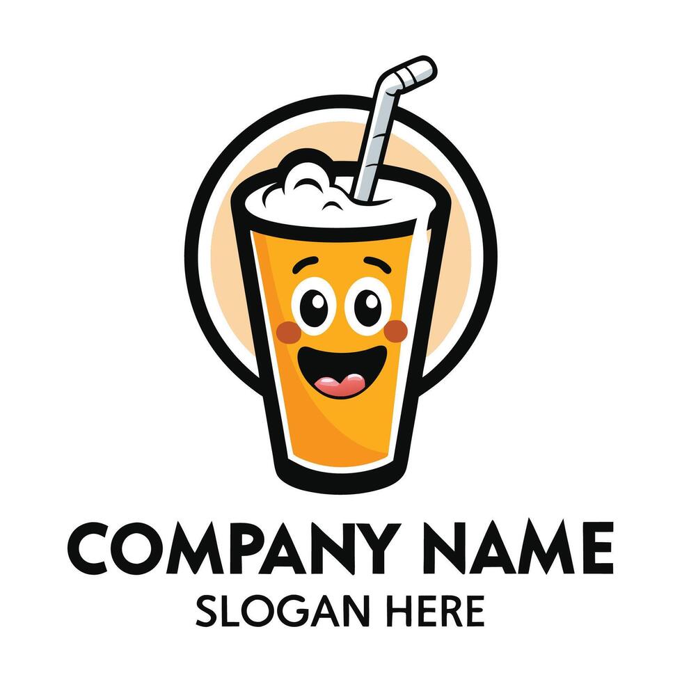 a drink with a straw and a smiley face logo white background vector