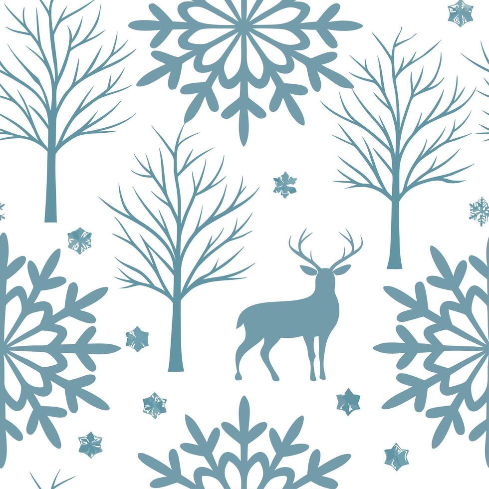 Frosty snowflake and deer silhouette seamless tile pattern with winter forest theme concept as Snowflakes paired with deer silhouettes create a frosty seamless tile pattern with a Clean vector