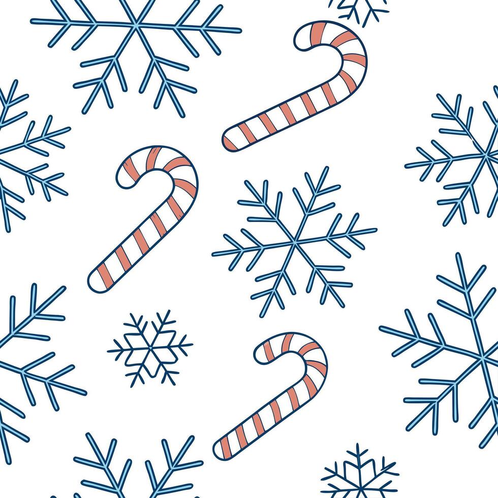 Frosty snowflake and holiday candy cane seamless tile pattern with sweet winter elements concept as Sweet candy canes paired with frosty snowflakes create a seamless tile pattern w Clean vector