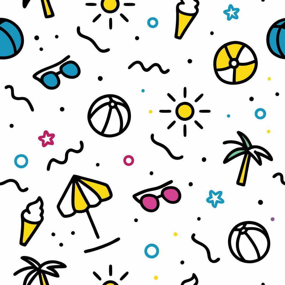 seamless pattern with beach balls, sun glasses and palm tree white backgrounds vector