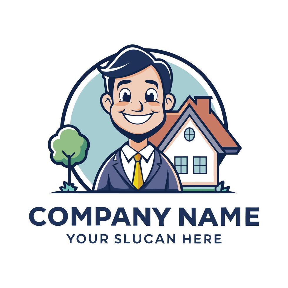 a man in a suit and tie is holding a house logo white background vector