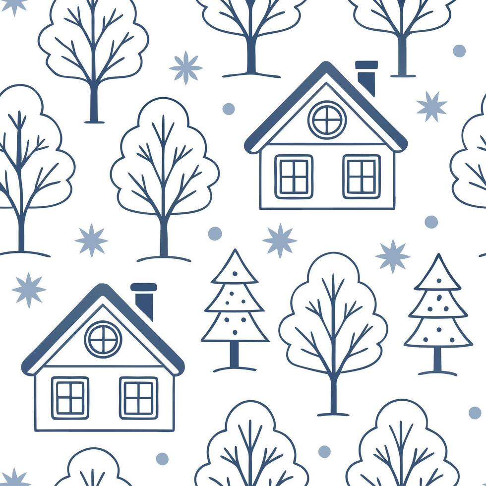 Frosty snow covered rooftops seamless tile pattern with winter village elements concept as Snow covered rooftops and winter village elements create a frosty seamless tile pattern p Clean vector