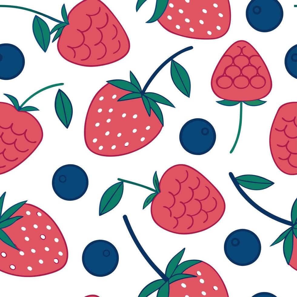 Fresh berries seamless tile pattern featuring strawberries blueberries and raspberries in vibrant colors concept as Strawberries blueberries and raspberries form a fresh colorful s Clean vector