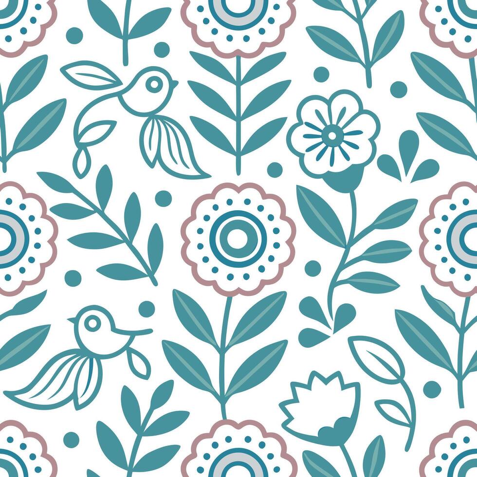 Folk art seamless pattern with floral and animal elements for a whimsical nature inspired design concept as Whimsical folk art pattern with floral and animal elements perfect for a Clean vector