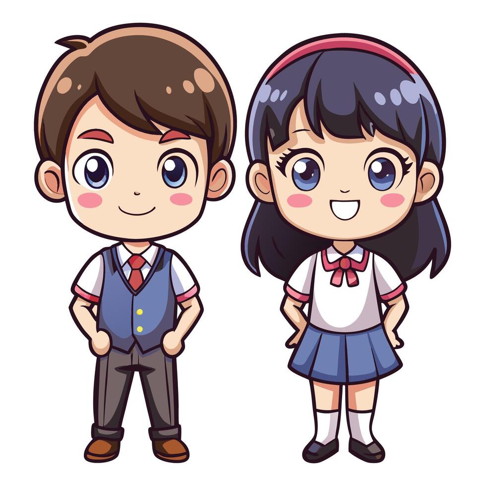 two cartoon characters of a boy and girl in school uniforms white background vector