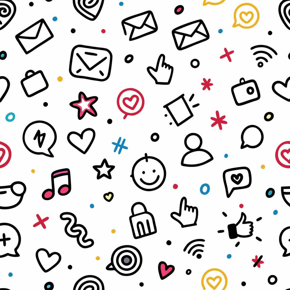 seamless pattern with social icons and icons white background vector