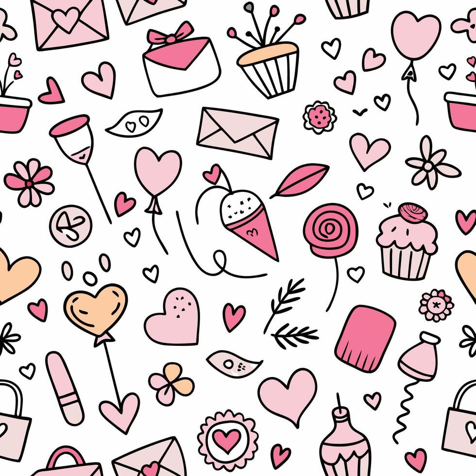 seamless pattern with hearts, flowers and other valentine's d white backgrounday items vector