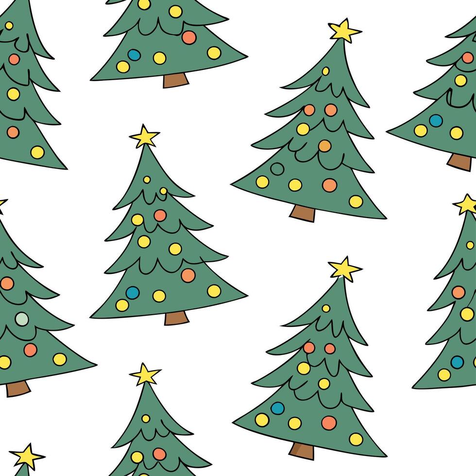 Festive Christmas tree seamless tile pattern with ornaments stars and snowy accents concept as Ornaments and stars adorn festive Christmas trees with snowy accents in a seamless ti Clean vector