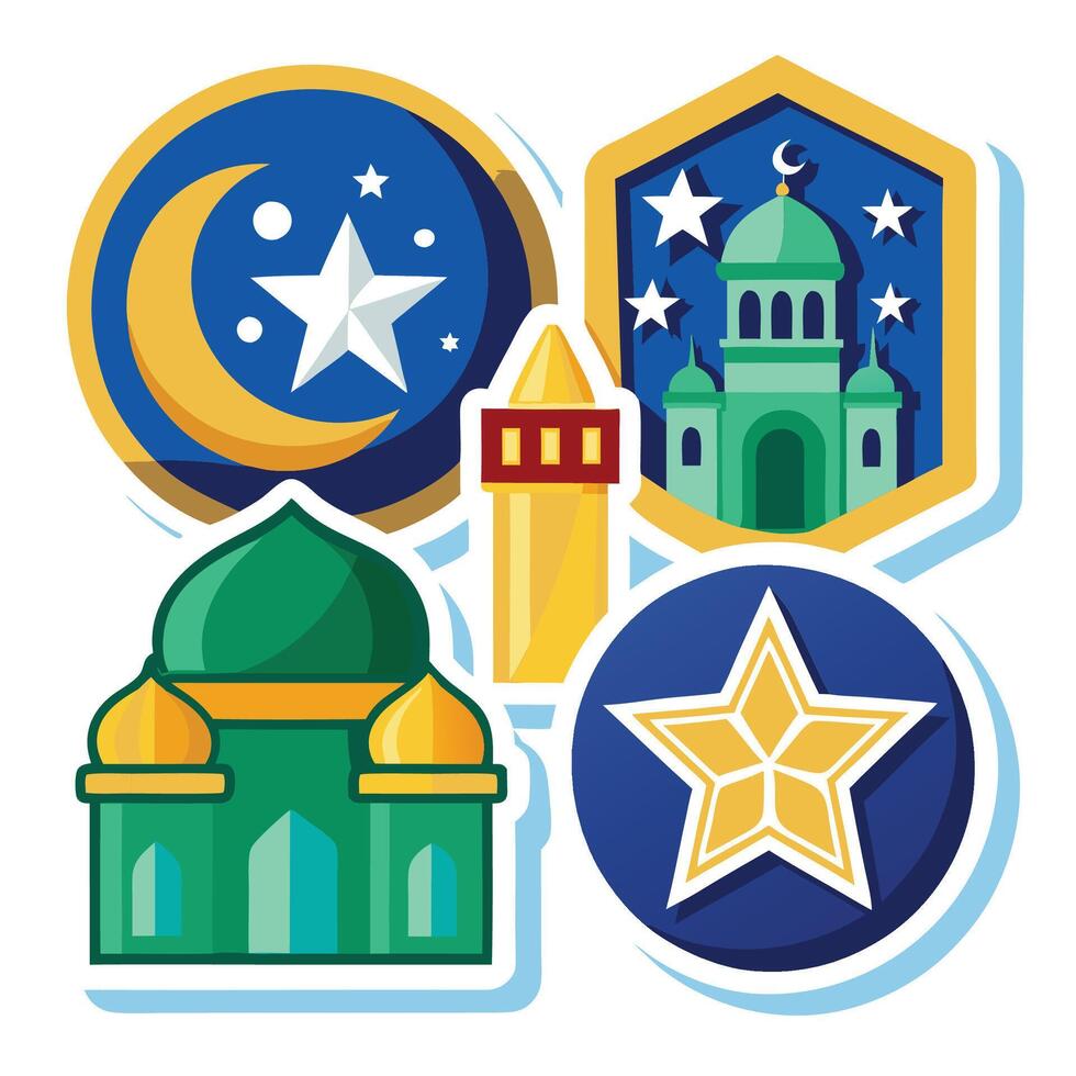 islamic symbols set with mosque, star and crescent white background vector