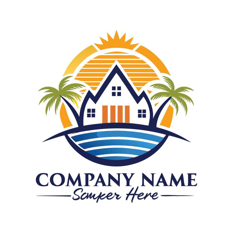 a house with palm trees and a sun logo white background vector
