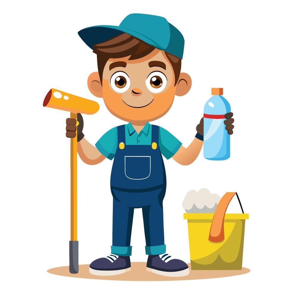 a cartoon boy with a bucket and a mop white background vector