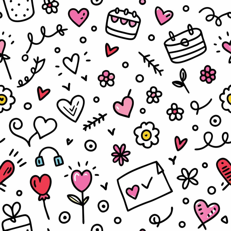 seamless pattern with hearts, flowers and other items white background vector