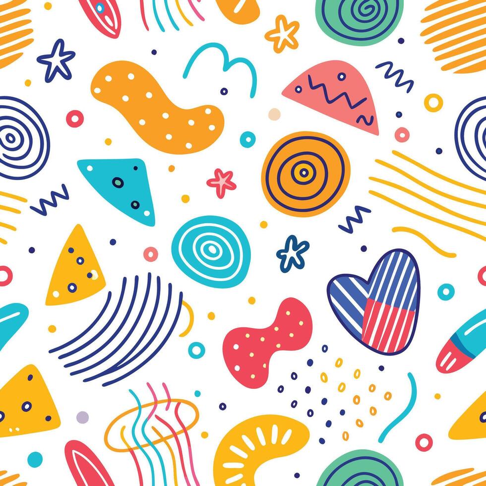 seamless pattern colorful shapes and lines white background vector