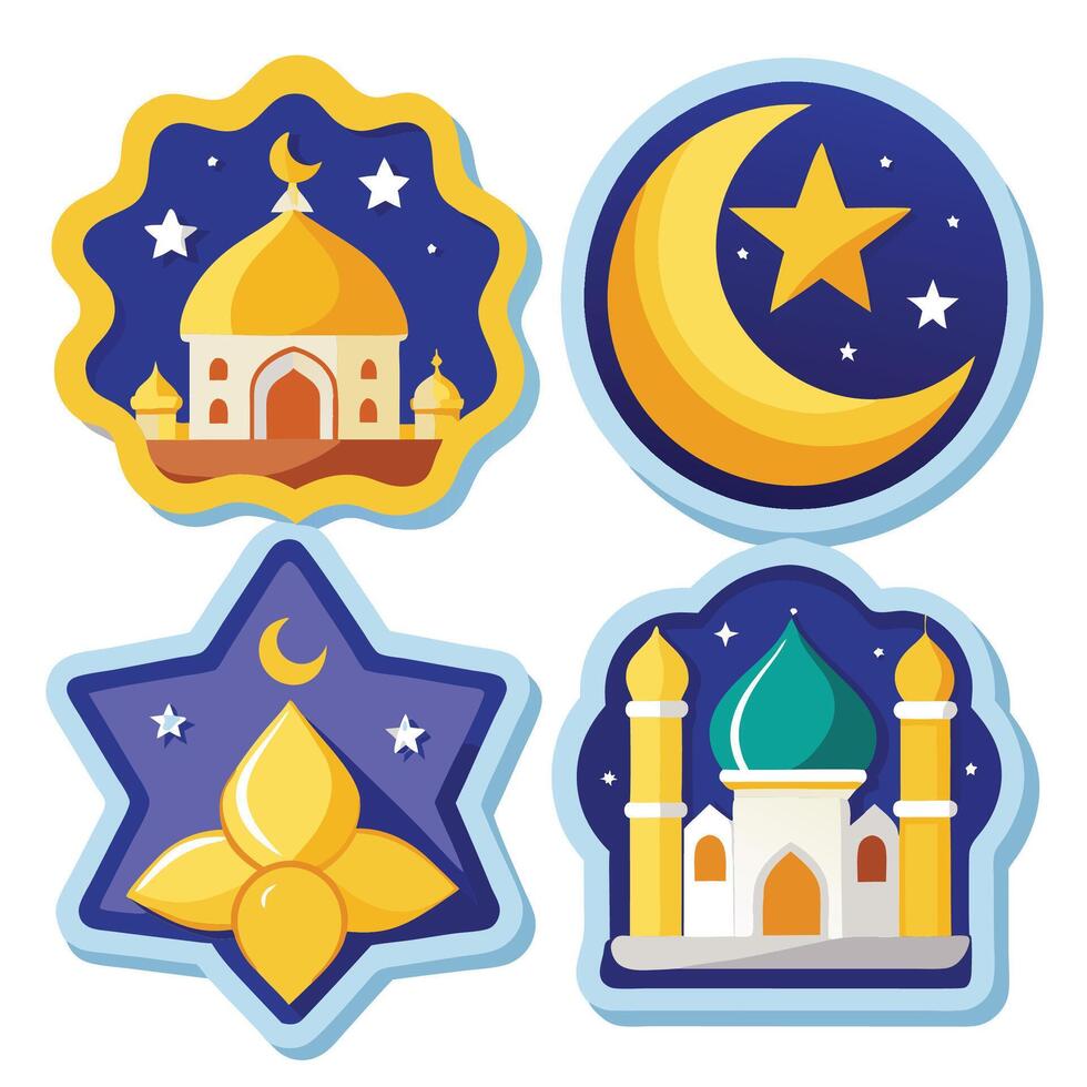 islamic mosque, mosque, star and crescent set of stickers white background vector
