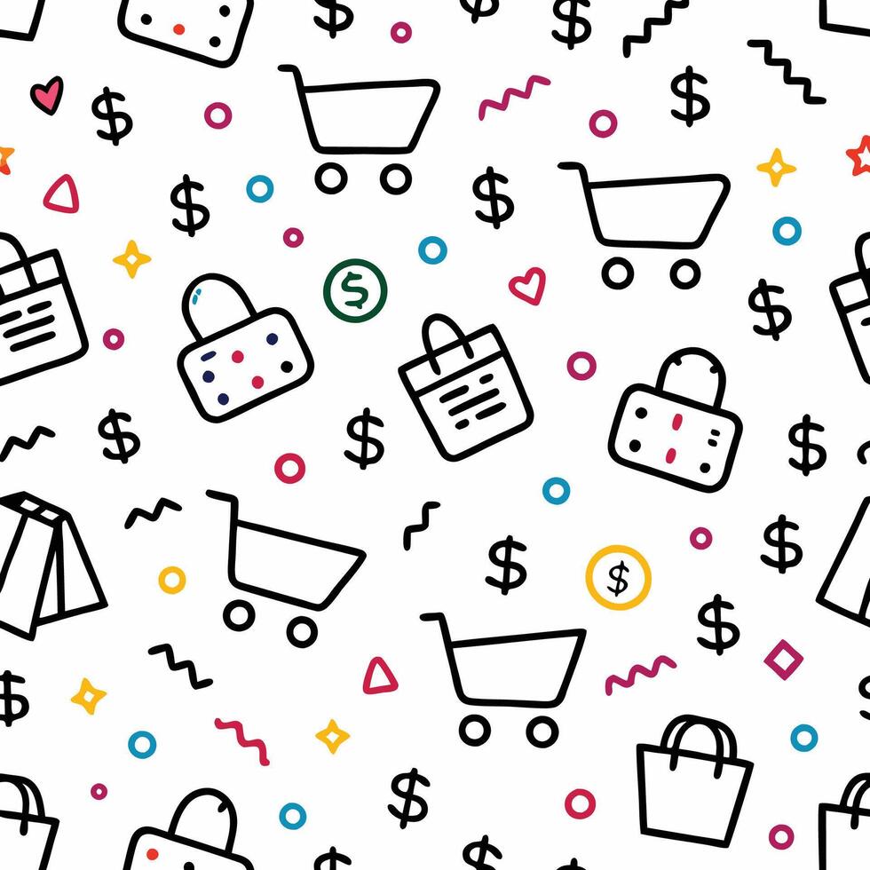 shopping seamless pattern with shopping bags and money i white backgroundcons vector