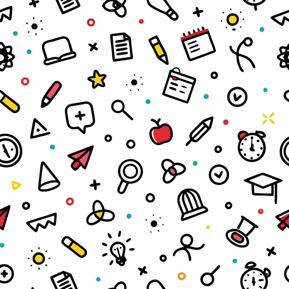 school supplies and icons in a seamless pattern white background vector