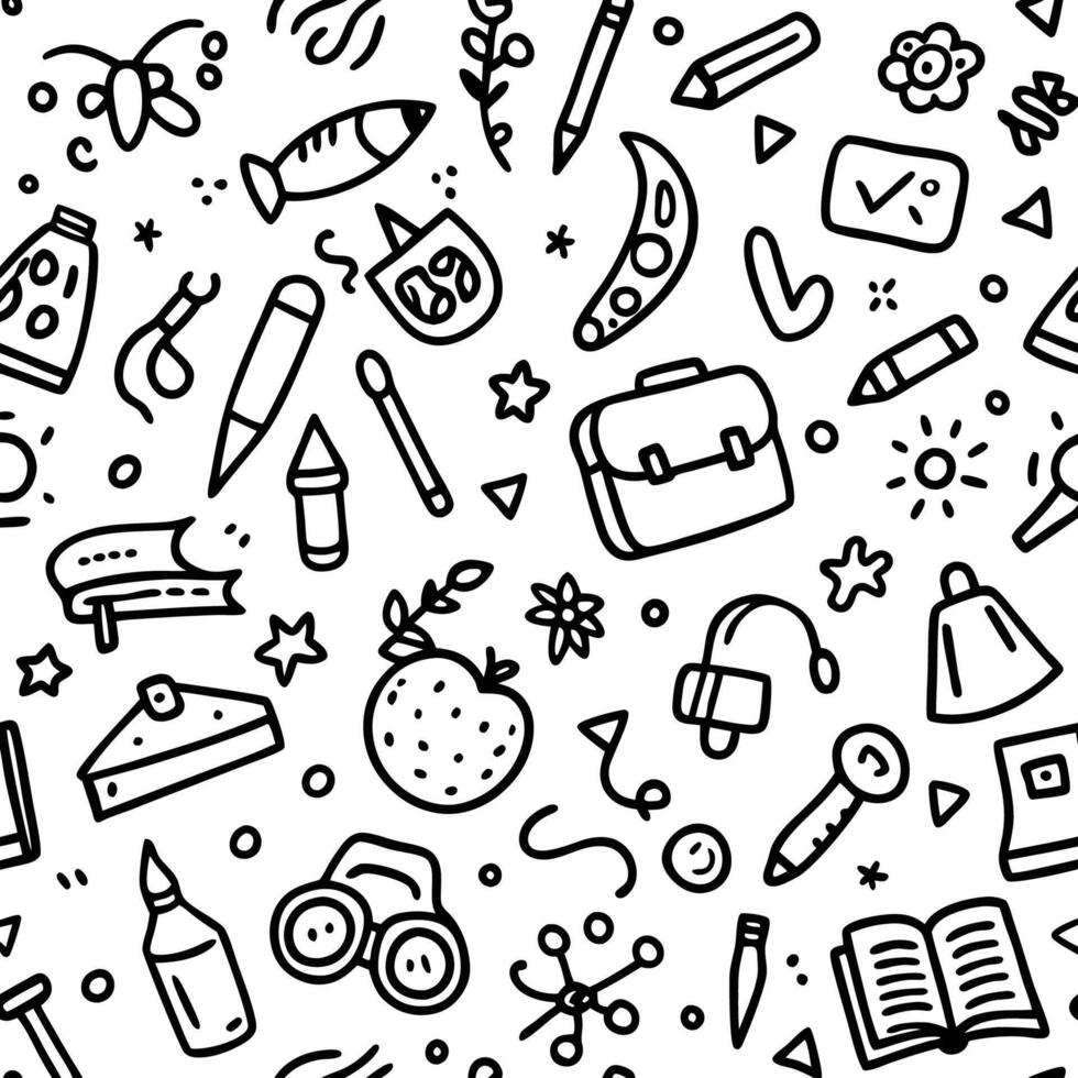 a black and white pattern with school supplies white background vector