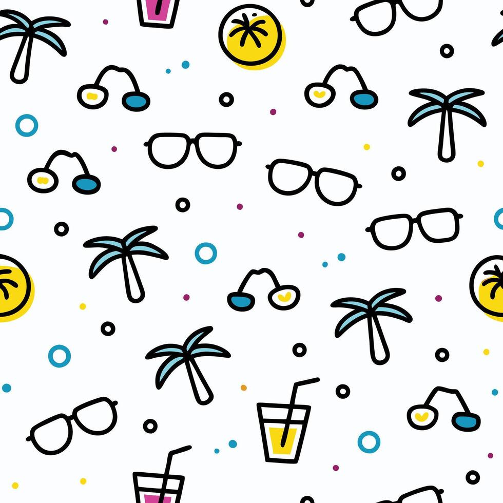 seamless pattern with sunglasses, palm trees and drinks white background vector