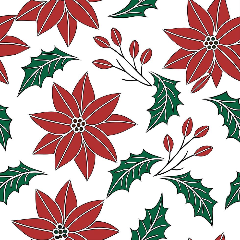 Elegant poinsettia and holly seamless tile pattern with rich red and green hues concept as Rich red poinsettias and holly leaves create an elegant seamless tile pattern with vibran Clean vector