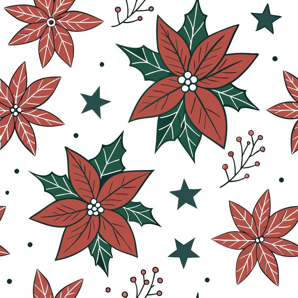 Elegant poinsettia and Christmas star seamless tile pattern with rich festive hues concept as Rich festive hues adorn elegant poinsettias and Christmas stars in seamless tile patte Clean vector