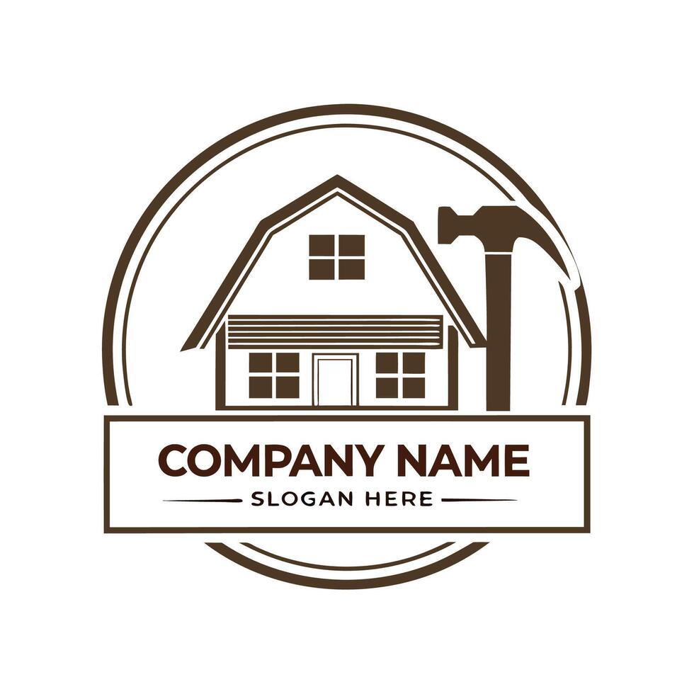 a house logo with a hammer and a hammer in the middle white background vector
