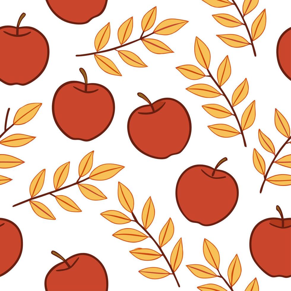 Elegant autumn harvest seamless pattern with bright red apples amber leaves and delicate branches for a refined fall design concept as Refined autumn harvest pattern with red apple Clean Set 2 vector