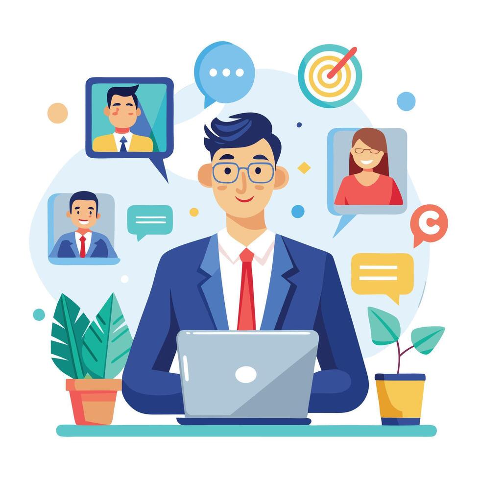 businessman working on laptop with social icons around him white background vector