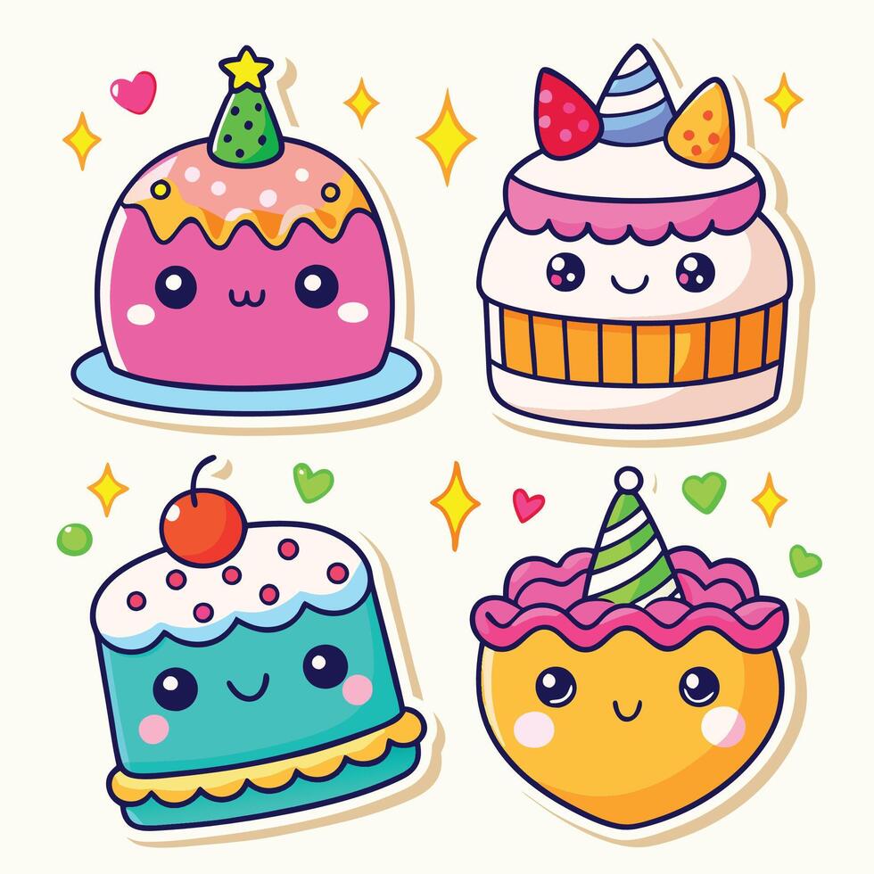 cute cake stickers set with different types of cakes white background vector