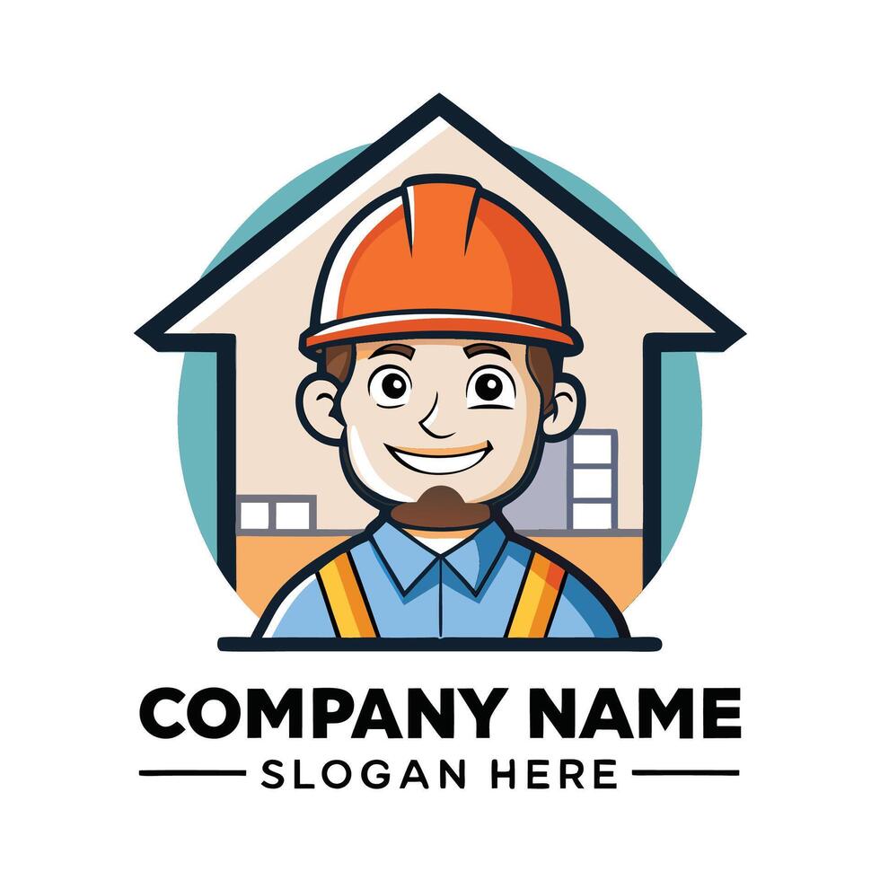 a construction worker logo with a house and a man in a hard white background hat vector