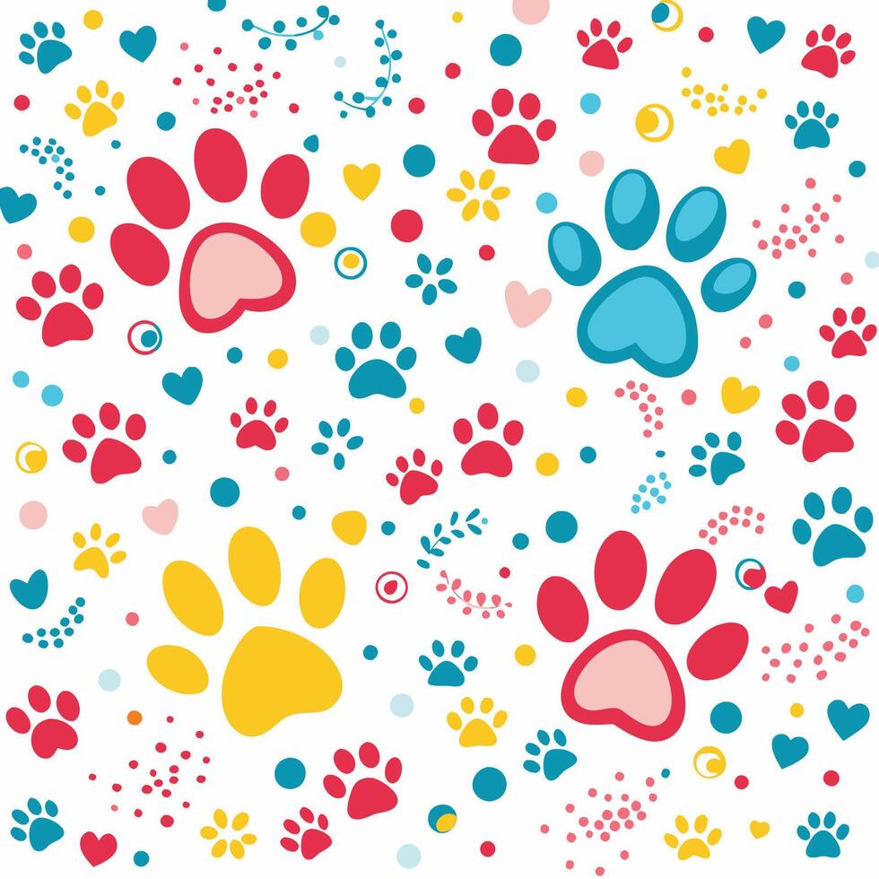 seamless pattern with paw and hearts white background vector