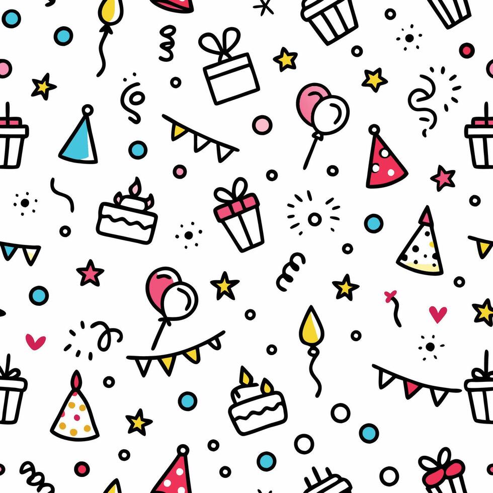 seamless birthday party pattern with birthday cake, balloons white background, stars and confetti vector