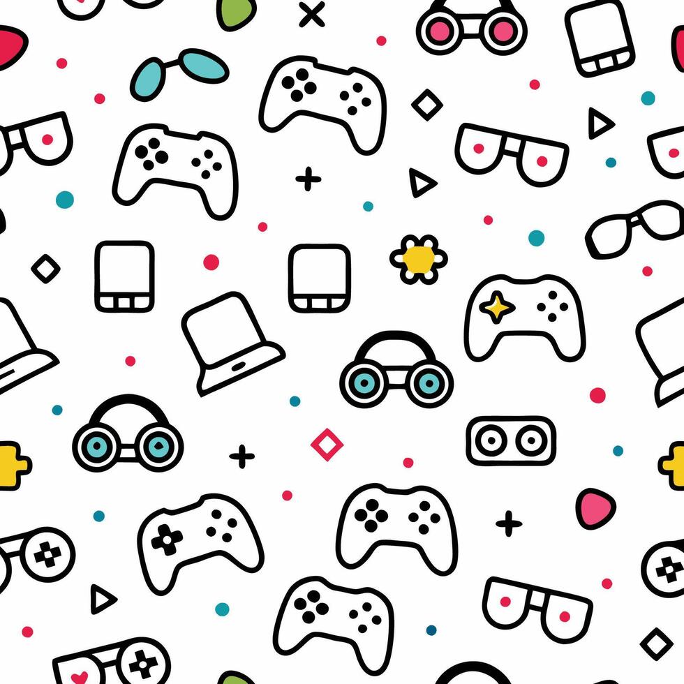 seamless pattern with game controller, glasses and oth white backgrounder items vector