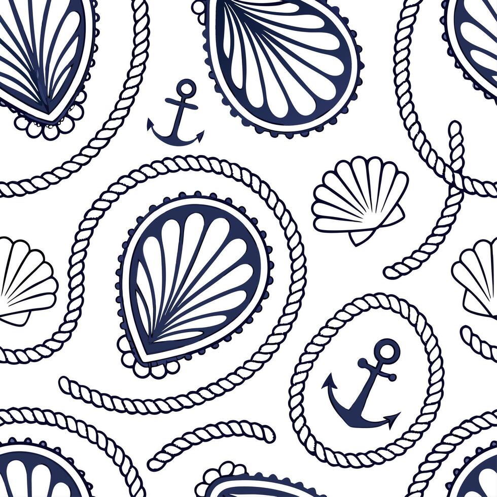 Design a seamless pattern featuring paisley motifs with nautical elements in navy and white concept as Create a repeating design that blends traditional paisley shapes with nautica Clean vector