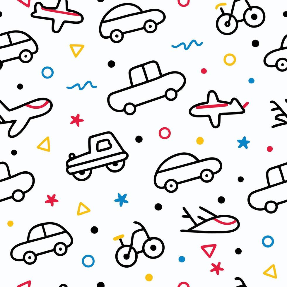 seamless pattern with cars, planes, and other vehicles white background vector