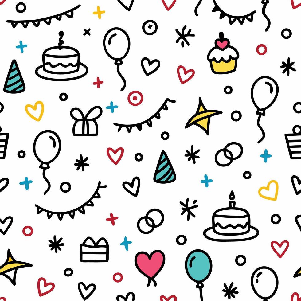 seamless birthday party pattern balloons, confetti and o white backgroundther items vector