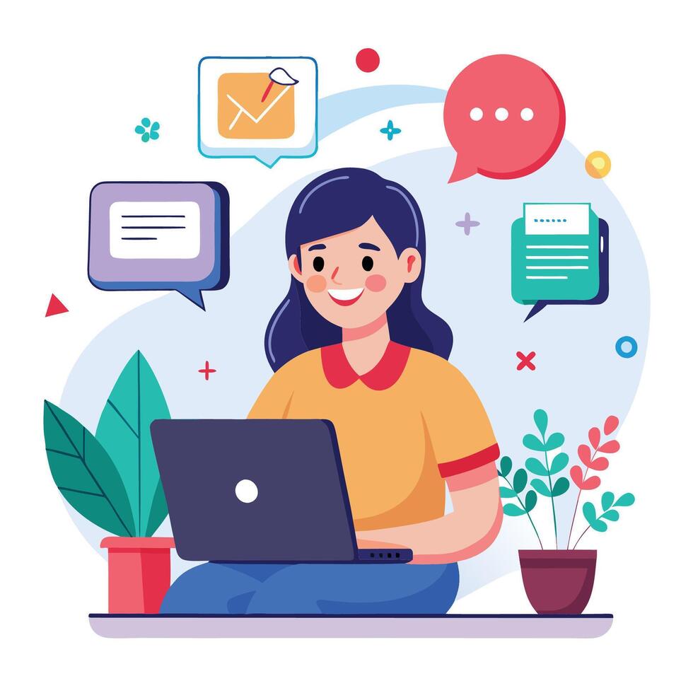 a woman is sitting desk with a laptop and a potted pla white backgroundnt vector