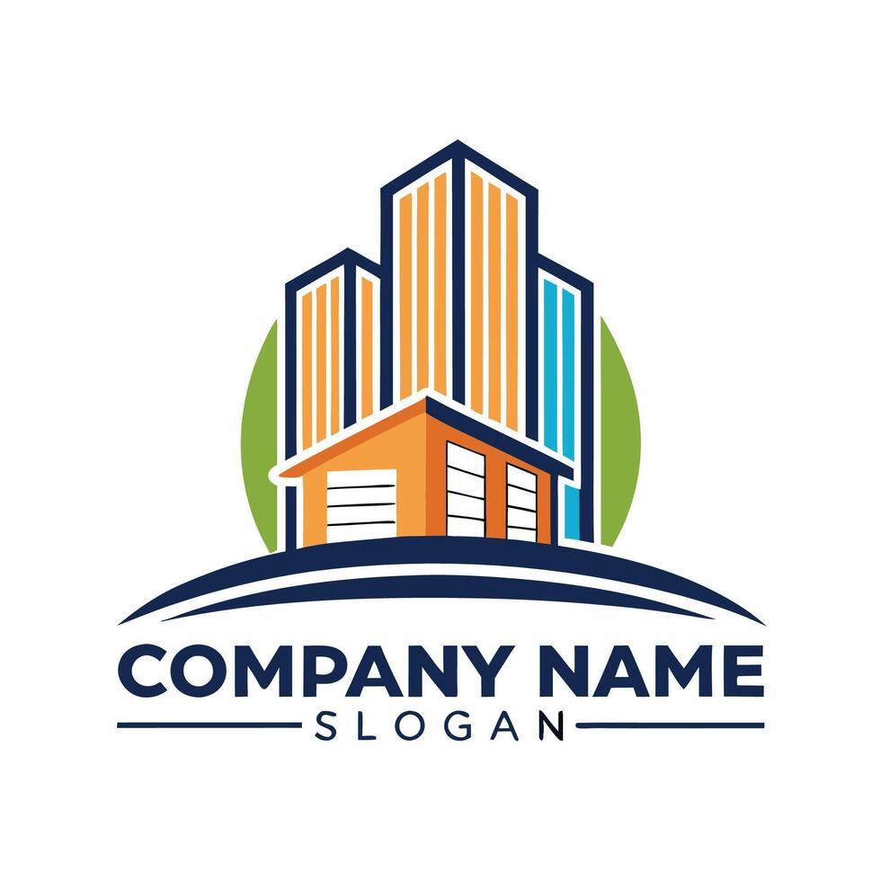 a building logo with a house and a green circle white background vector