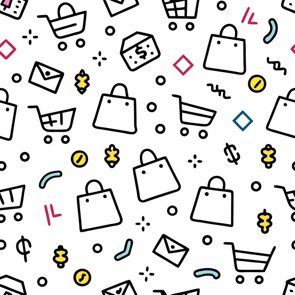 shopping seamless pattern shopping bags and other ite white backgroundms vector