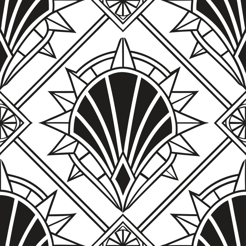 Create a seamless pattern combining Art Deco poster elements with geometric shapes in gold and black concept as Develop a repeating design that merges Art Deco inspired poster moti Clean vector