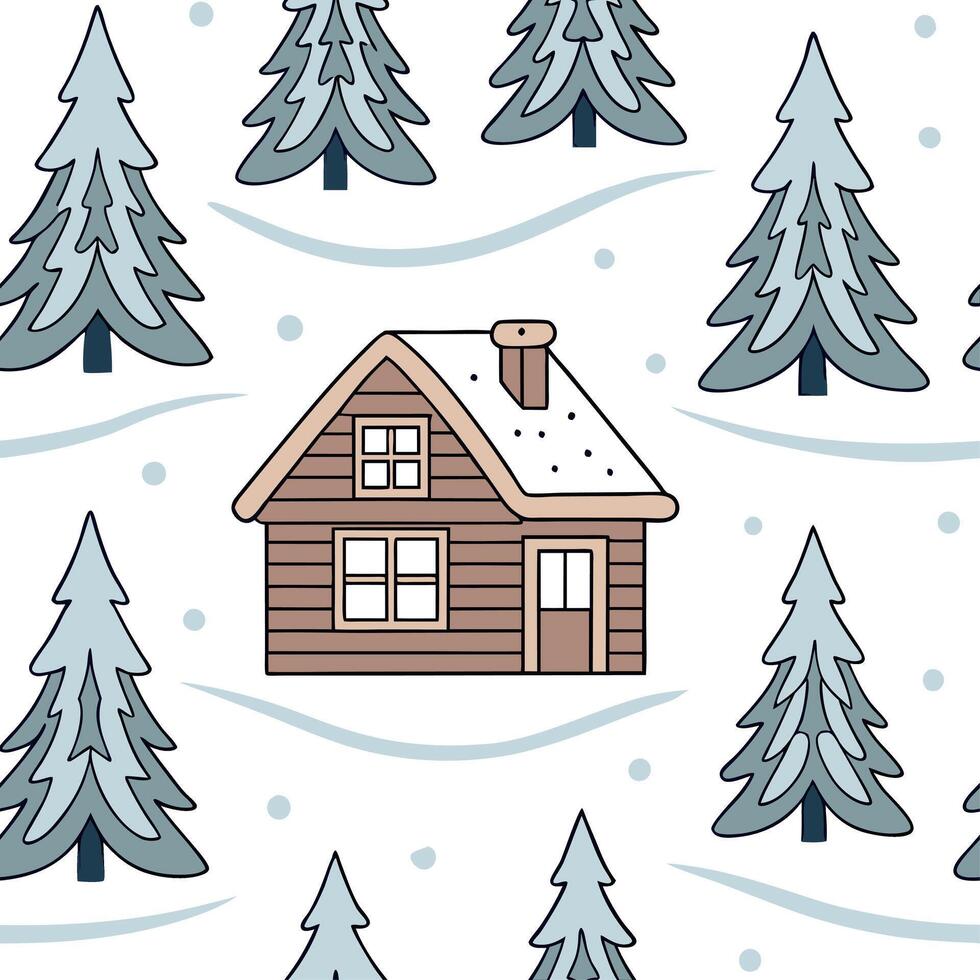 Cozy winter cabin seamless tile pattern with snow covered rooftops and warm lights concept as Snow covered rooftops and warm lights on cozy cabins create a seamless tile pattern pe Clean vector