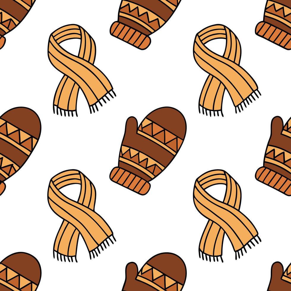Cozy knitted mittens and scarves seamless tile pattern with autumn hues and textures concept as Knitted mittens and scarves in autumn hues create a cozy seamless tile pattern with Clean Set 2 vector